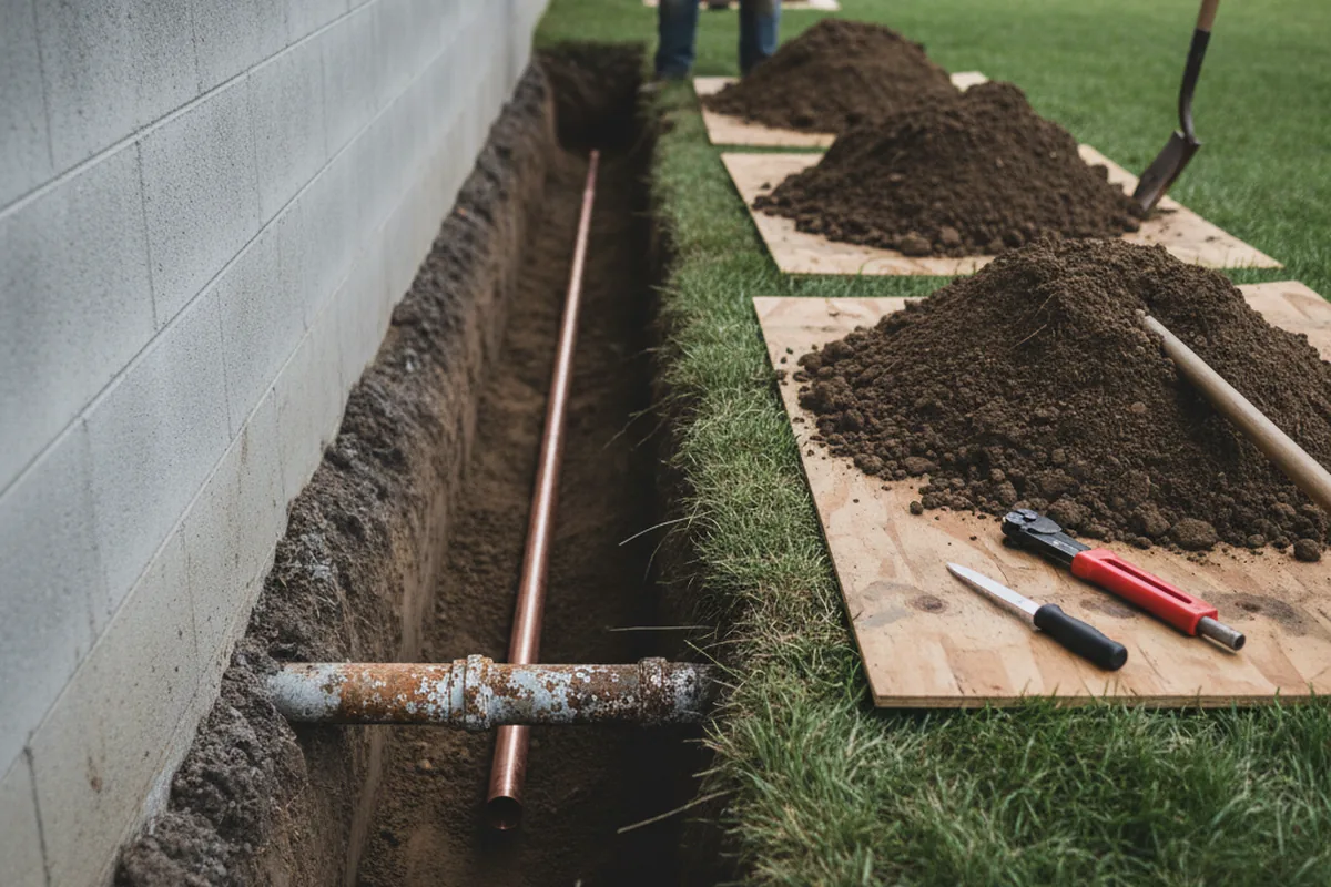 Excavated water line trench during Water Softener Installation in Northbrook
